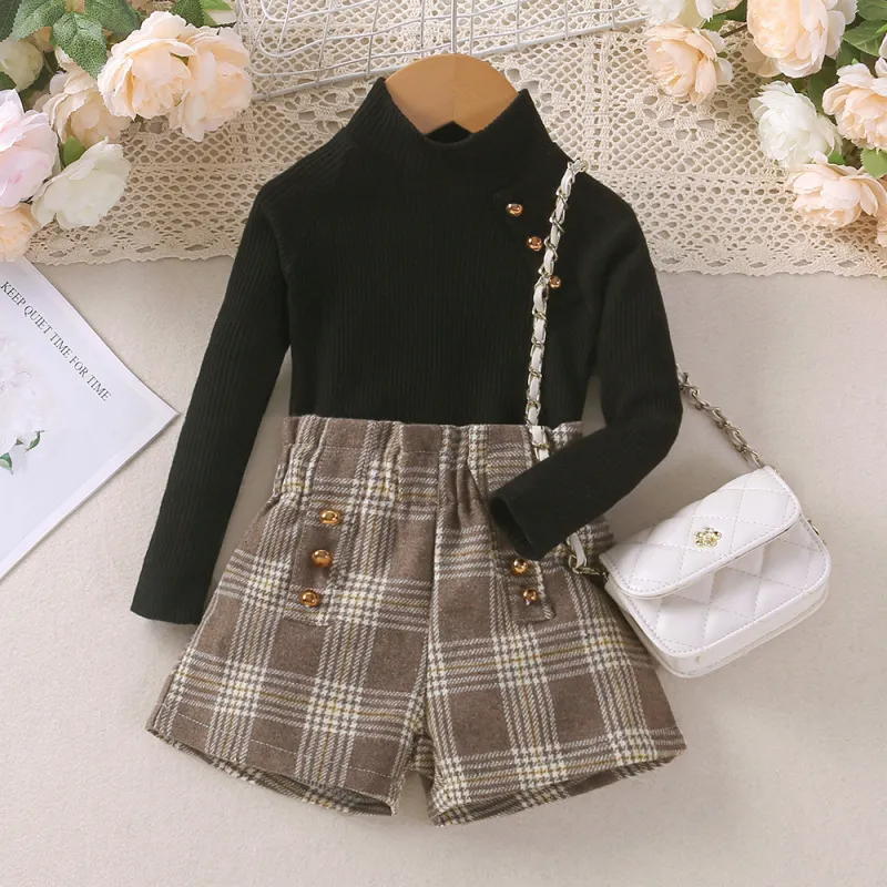 Kids Toddler Girls Fashion Casual Solid Color Long Sleeve Turtle Neck Sweater Stripe Shorts Sets