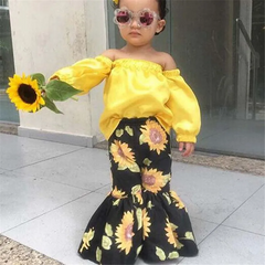 2 Pcs Set Kid Gir Yellow Tops And Sunflower Print Pants