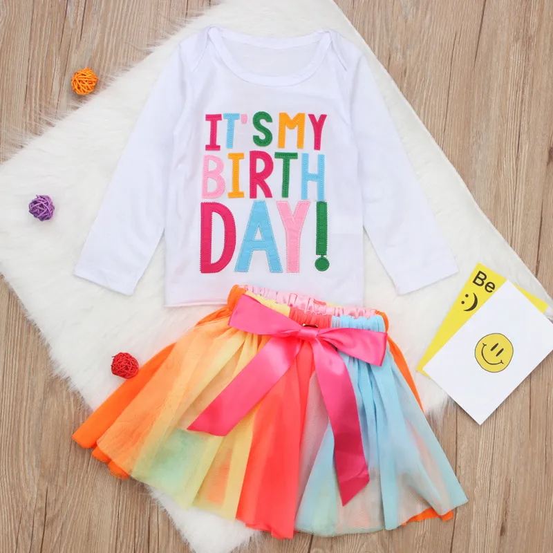 Kids Toddler Girls Party Casual Cute Rainbow Letter Round Neck Long Sleeve Short Sleeve Skirts Set