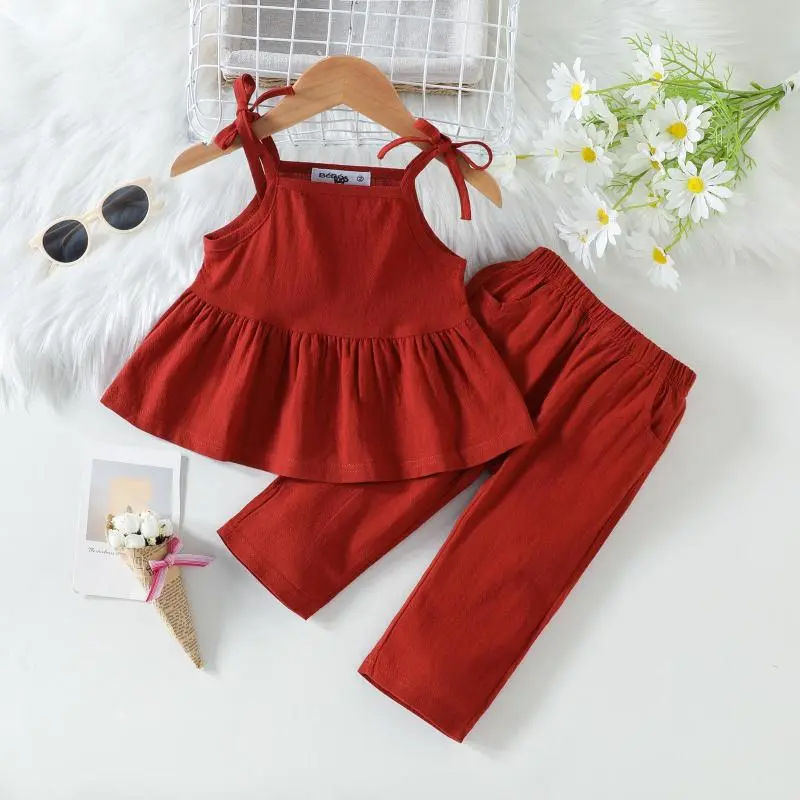 Children Kids Baby Fashion Girls Sleeveless Solid Color Sling Top And Pants 2pc Set