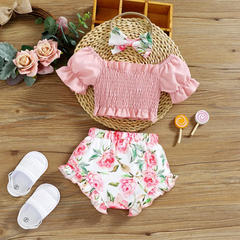 Kids Toddler Girls Casual Cute Solid Color Puff Sleeve Off Shoulder Top Floral Shorts Set