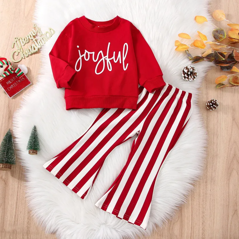 Kids Toddler Girls Casual Cute Christmas Letters Long Sleeve Sweatshirts Stripe Flared Pants Sets