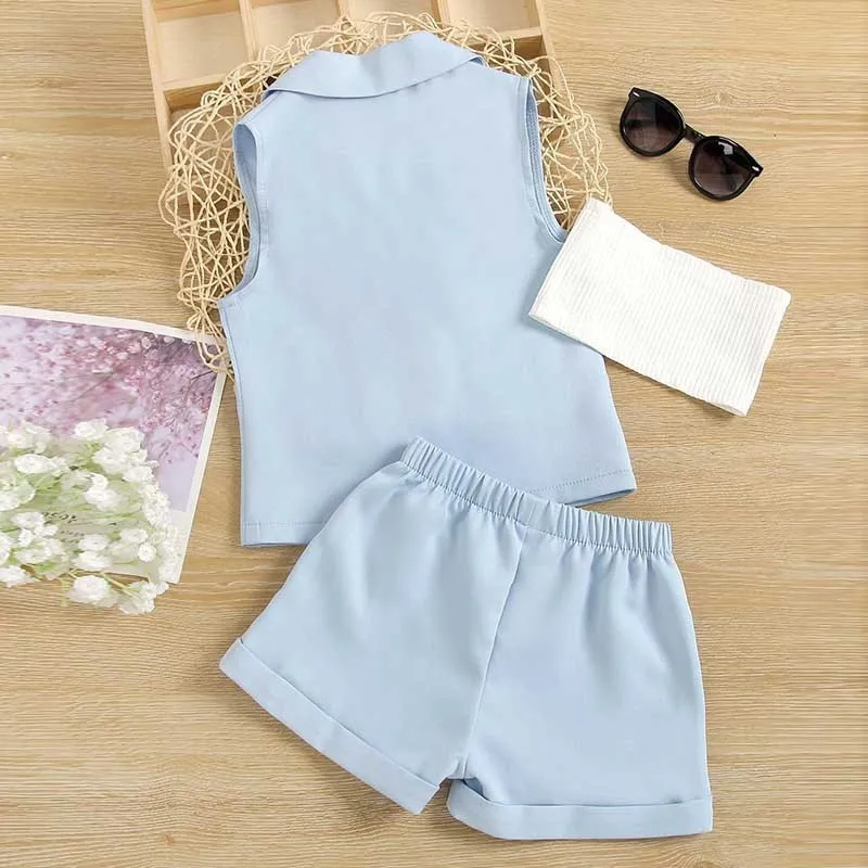 Kids Toddler Girls Fashion Casual Solid Color Stripe Tube Top Sleeveless V Neck Vest Shorts Set