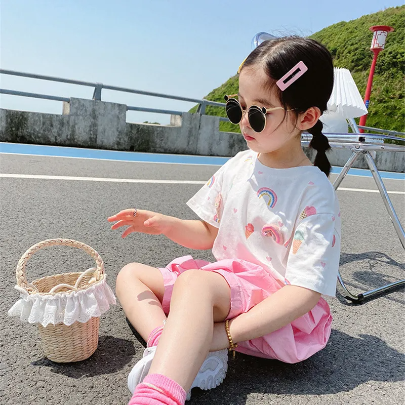 Children Kids Baby Fashion Girls Short Sleeve Cartoon Rainbow Print T-Shirt And Shorts 2pcs Set