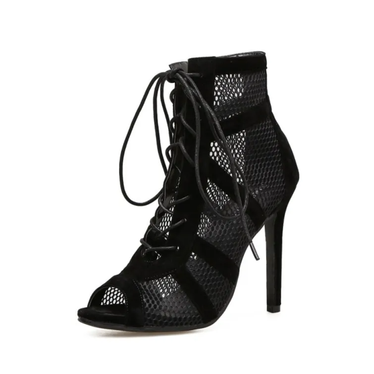 Black Mesh Suede Upper Fashion Cross Strap Sexy Heel Peep Toe Short Boots