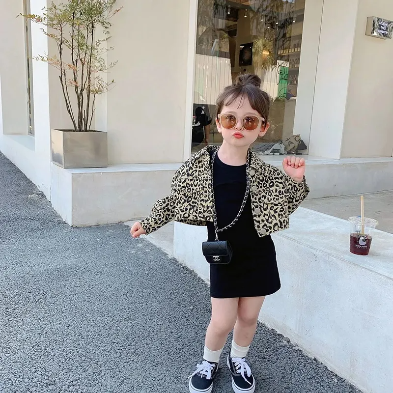 Girls Fashion Solid Color Long-Sleeves Dress And Leopard Coat Set