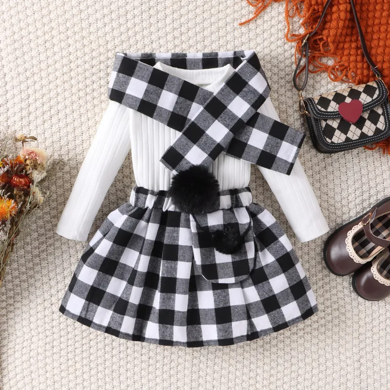 Kids Toddler Girls Fashion Casual Solid Color Stripe Long Sleeve Round Neck T-Shirt Plaid Short Skirt Sets