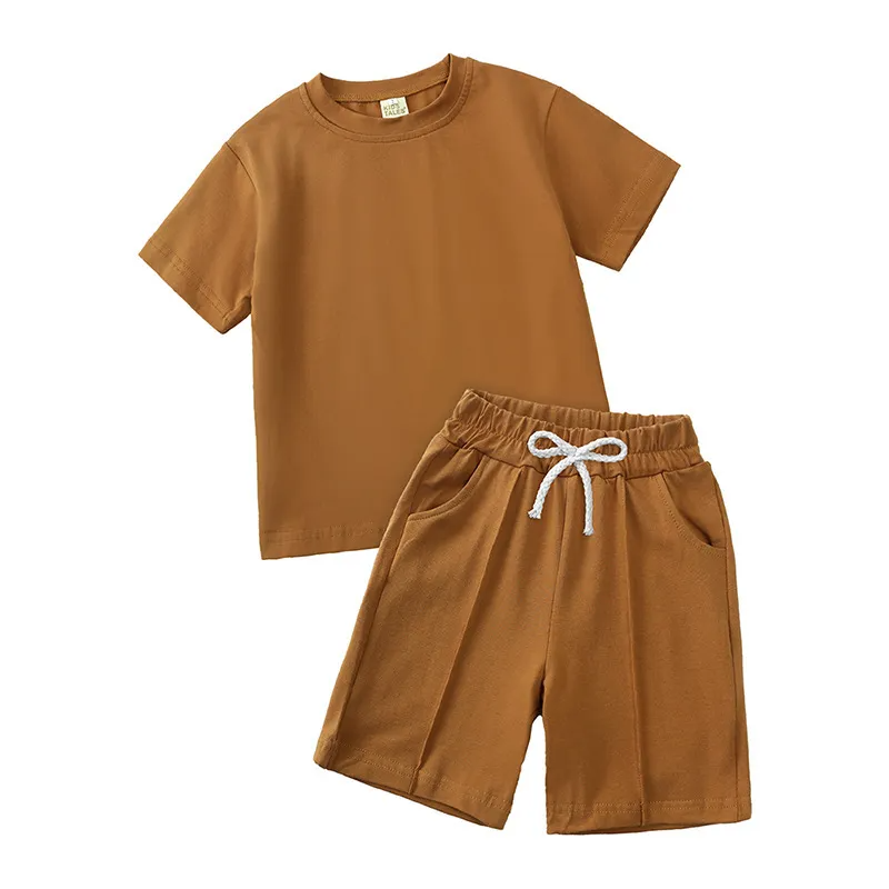 Children Kids Baby Fashion Girls Boys Basic Casual Short Sleeve Solid Color T-Shirt And Shorts 2pcs Set