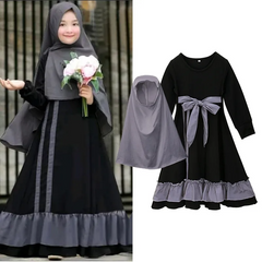 Children Kids Baby Fashion Girls Long-Sleeved Plain Color Dress And Headscarf Muslim 2pc Set