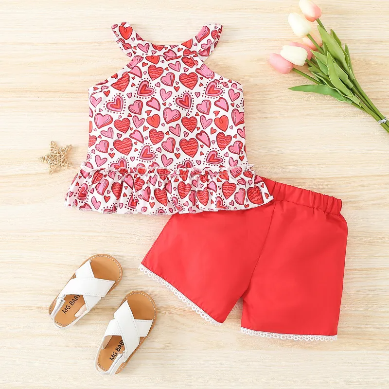 Kids Toddler Girls Casual Cute Sweet Heart Print Sleeveless TOP Shorts Set