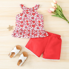 Kids Toddler Girls Casual Cute Sweet Heart Print Sleeveless TOP Shorts Set