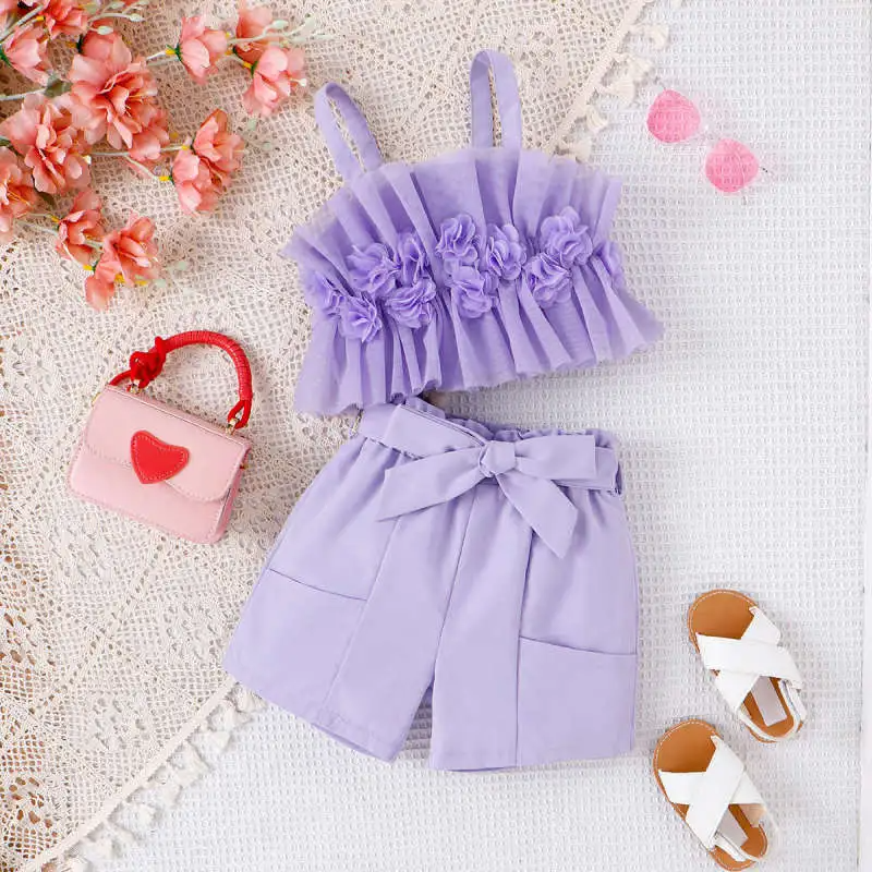 Kids Toddler Girls Summer Casual Basic Solid Color Mesh Sling Top Shorts Sets