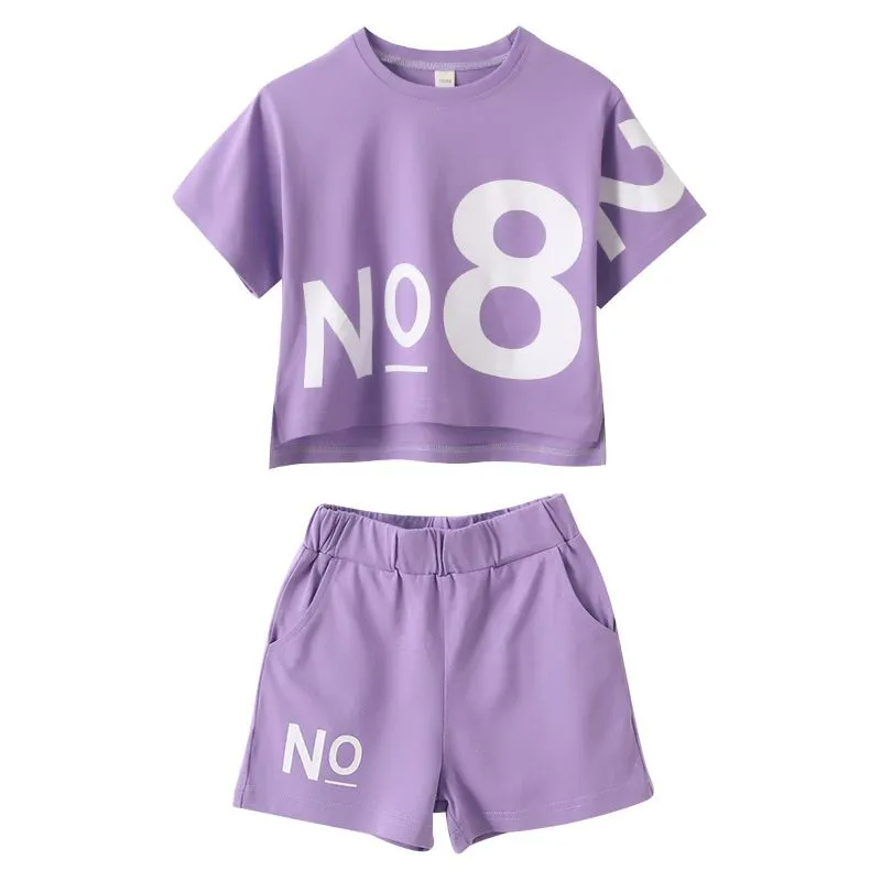 2pcs/Set Girls Loose Letter Print Round Neck Short Sleeve Tee And Shorts