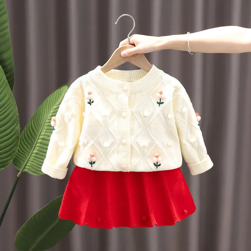 Kids Toddler Girls Autumn Winter Fashion Casual Simple Solid Color Flower Button Round Neck Sweater Pleated Skirt Set