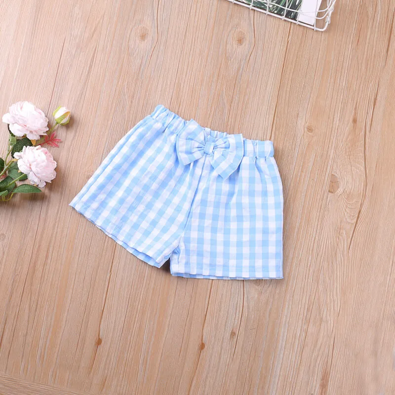 Girls Fashion Plaid Tops And Bow Decor Shorts Set