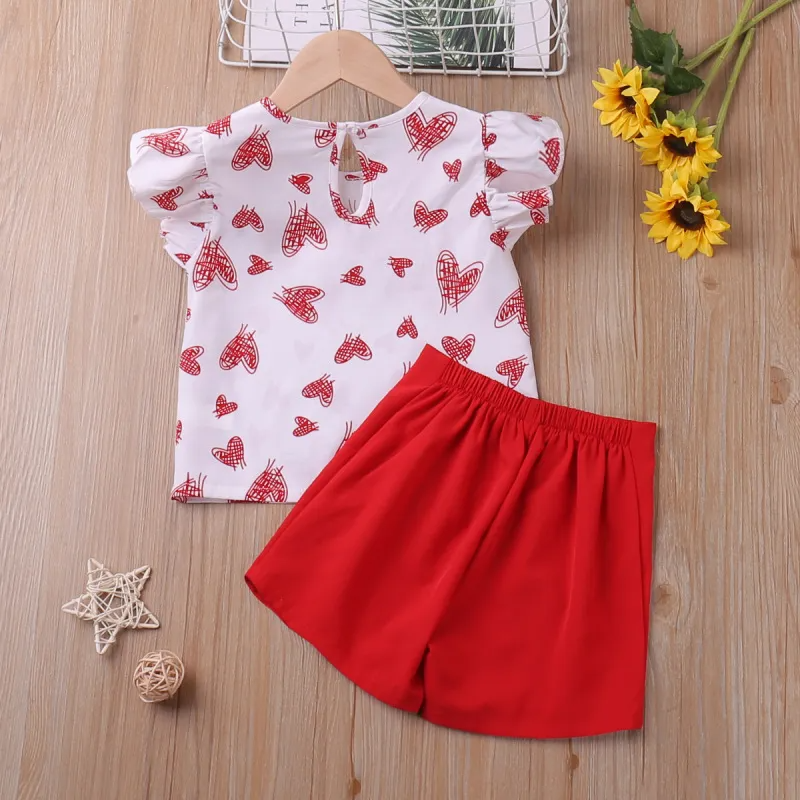 Children Kids Baby Fashion Girls Short Sleeve Heart Print Bowknot T-Shirt And Shorts 2pcs Set