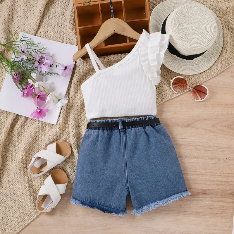 Kids Toddler Girls Casual Cute Solid Color Sleeveless One-Shoulder Camisole Denim Shorts Set