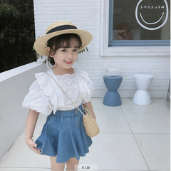 Girls Sweet Solid Color Hollow Out Puff Sleeve Lace Tops And Denim Skirts Two-Piece Set