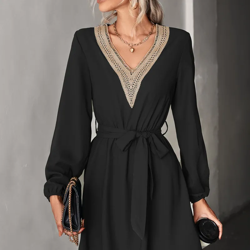 Autumn Winter Women Fashion V Neck Lace Long Sleeve Casual Dress