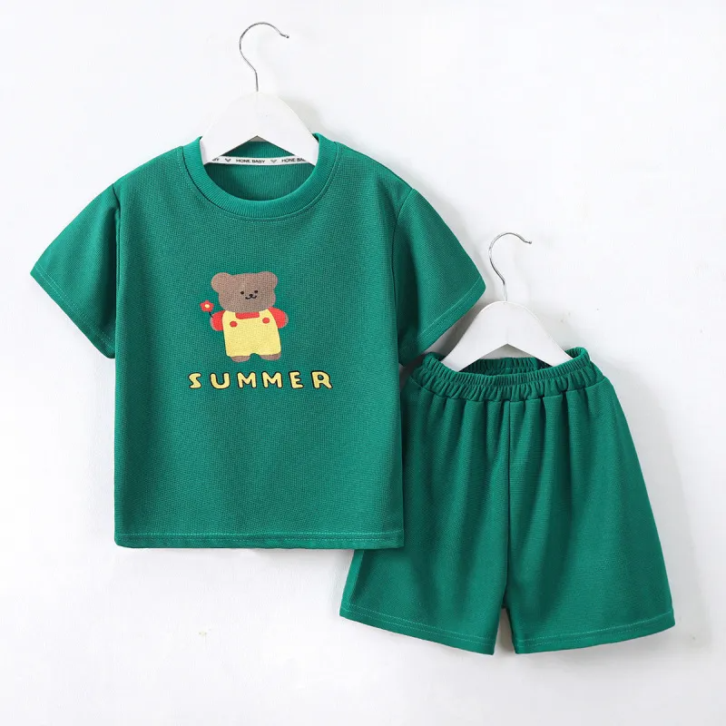 Kids Toddler Big Boys Girls Casual Cute Cartoon Bear Letters Print Short Sleeve Round Neck T-Shirt Shorts Set