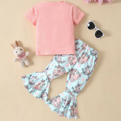 Kids Toddler Girls Summer Fashion Casual Sweet Easter Cotton Round Neck T-Shirt Bunny Pattern Flare Trousers Set