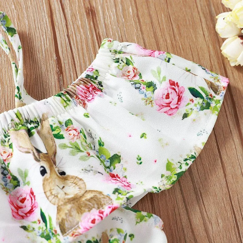 2 Pcs Set Girl Flower Rabbit Print Tops And Shorts