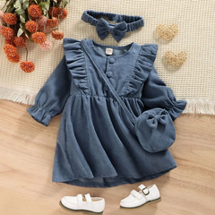 Children Kids Toddlers Fashion Girls Long Sleeve Lace Pit Strip Corduroy Dress