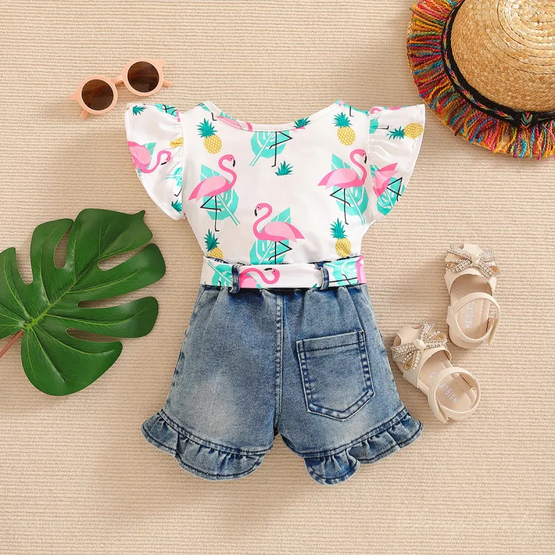 Kids Girl Cute Flamingo Top Denim Shorts Two-Piece Set