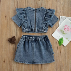 Kids Girls Basic Solid Color Round Neck Zipper Short Sleeve Denim Tops And Skirt Two Piece Set