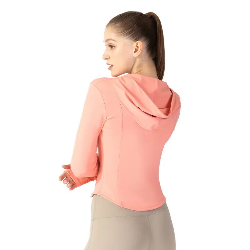 Women'S Slim Fit Hooded Windproof Pocket Yoga Fitness Casual Running Cardigan Sport Zipper Jacket