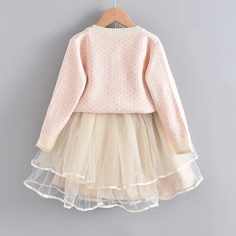 Girls Single Row Button Tops And Gauze Design Skirt Two-Piece Set