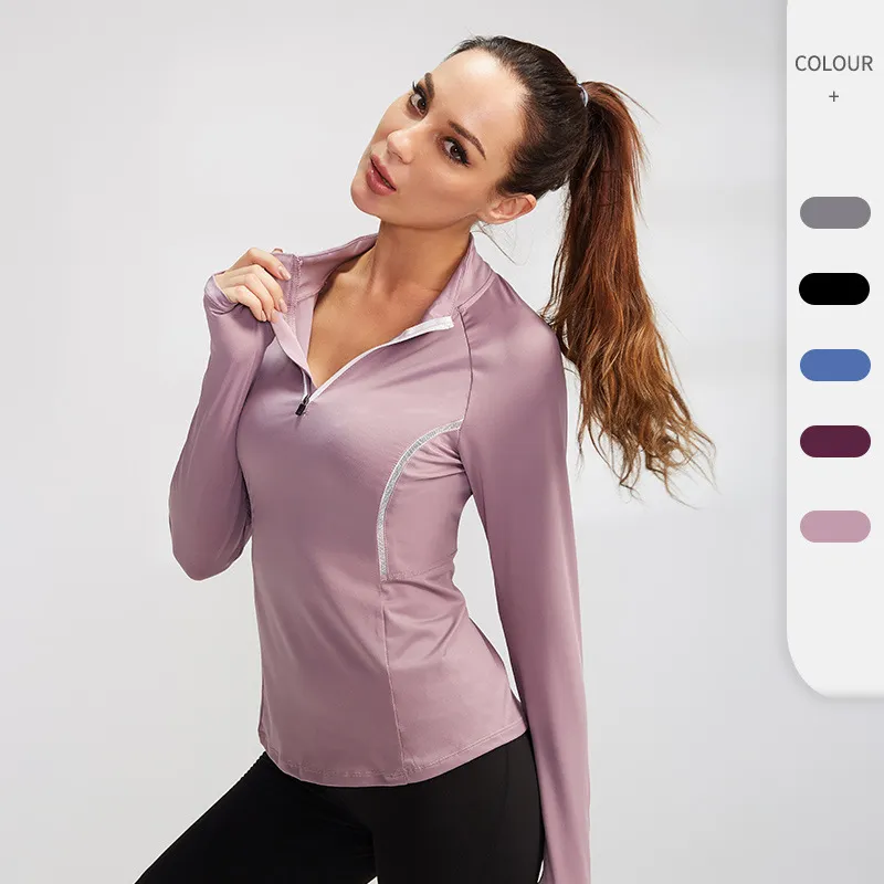 Women'S High Elastic Bodysuit Quick Dry Stand Collar Long Sleeve Sports Yoga Clothes