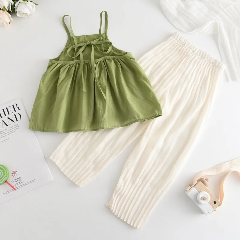 Children Kids Baby Fashion Girls Sleeveless Green Hollow Suspender Top And Solid Color Pants 2pcs Set