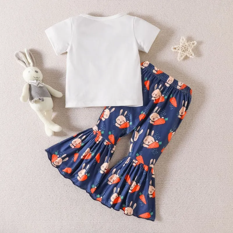 Kids Toddler Girls Casual Cute Easter Day Cartoon Rabbit Letter Print Short Sleeve Round Neck T-Shirt Flare Trousers Set