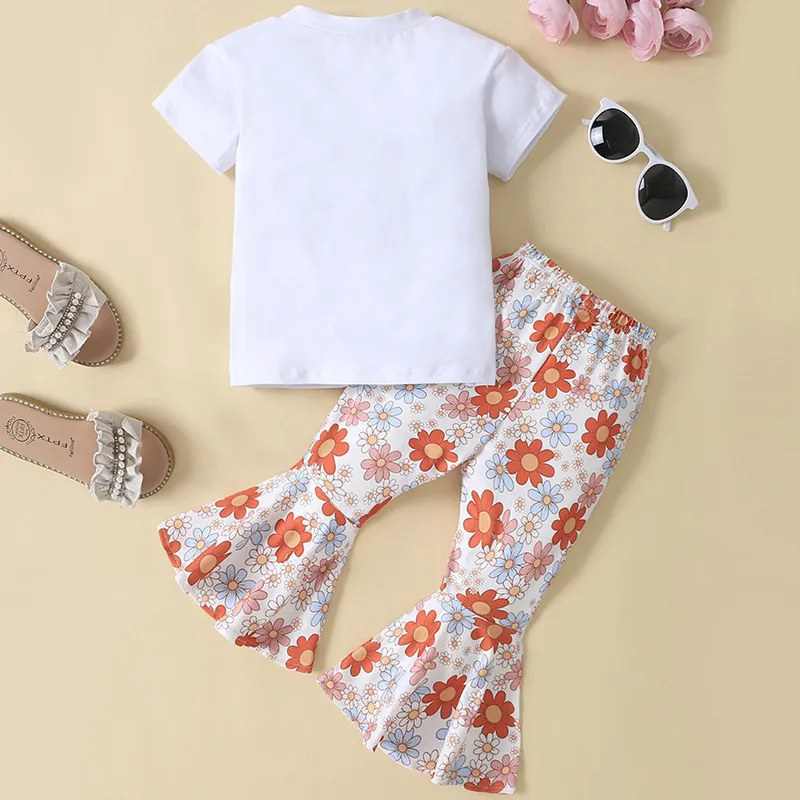 Kids Toddler Girls Summer Fashion Casual Sweet Cotton Letter Round Neck T-Shirt Tiny Flower Flower Trousers Set