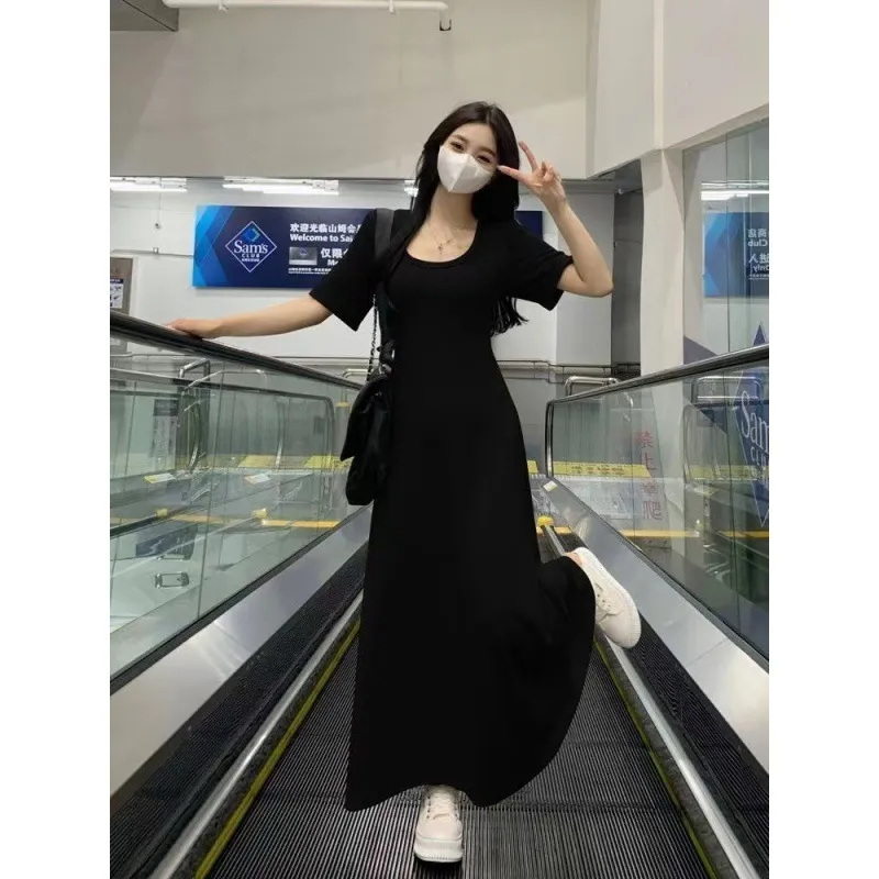 Women Casual Basic Solid Color Black Short-Sleeved Maxi Dress