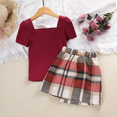 Children Kids Baby Fashion Girls Short Sleeve Pit Strip Solid Color Top And Irregular Plaid Skirt 2pcs Set