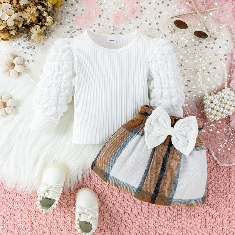 Kids Baby Toddler Girls Fashion Casual Cute Solid Color Bow Puff Sleeve Round Neck Top Skirt Set