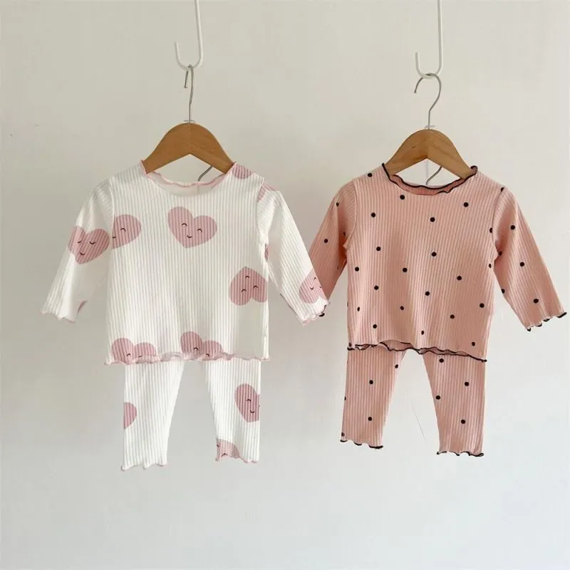 Kids Toddler Girls Spring Autumn Casual Cute Heart-Shaped Polka Dot Print Long Sleeve Trousers Set