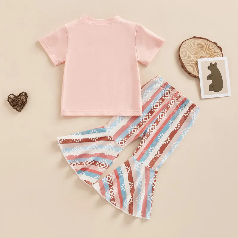 Kids Toddler Girls Casual Cute Letter Print Short Sleeve Round Neck T-Shirt Flare Trousers Set