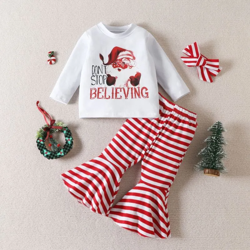 Kids Toddler Girls Casual Cute Party Santa Letters Round Neck Long Sleeve T-Shirt Flare Trousers Sets