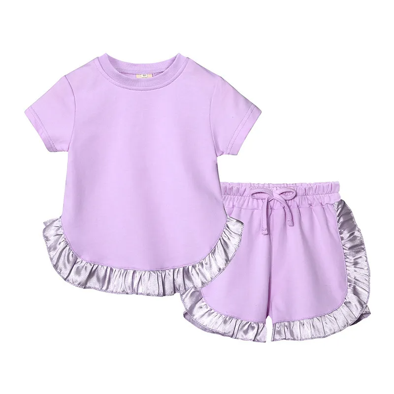 Children Kids Baby Fashion Girls Short Sleeve Casual Basic Solid Color Ruffle T-Shirt And Shorts 2pcs Set