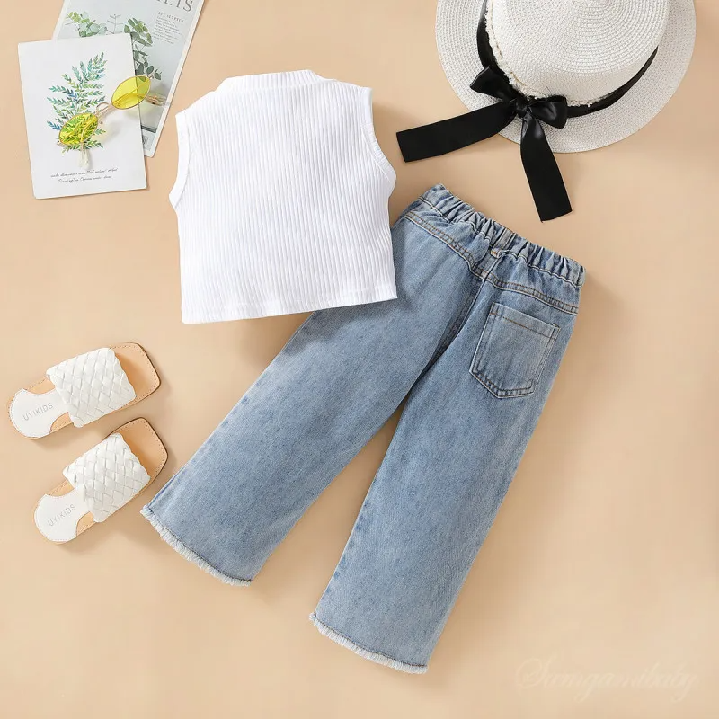 Children Kids Baby Fashion Girls Sleeveless Solid Color Top And Heart Print Denim Pants 2pcs Set