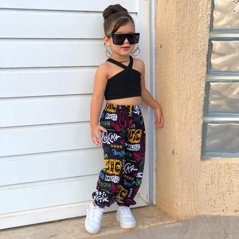 Children Kids Baby Fashion Girls Hanging Neck Top And Print Pants 2pcs Set