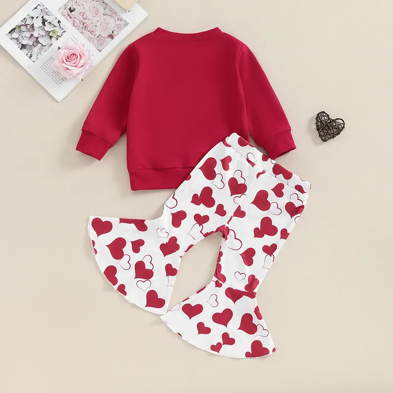 Kids Toddler Girls Valentine Cute Heart Print Long Sleeve Round Neck Sweatshirts Flare Trousers Set