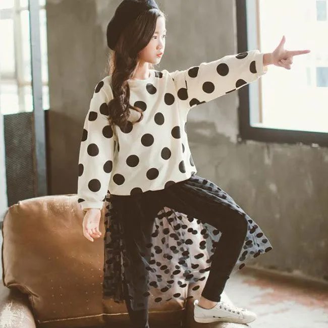 2 Pcs Set Junior Girl Black Dot Print Tops And Patchwork Pants