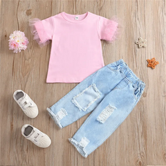 Girls Solid Color Short-Sleeves Mesh Spliced Tops And Jeans