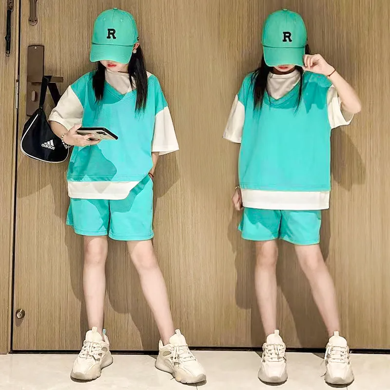 Children Kids Youth Fashion Girls Basic Casual Short Sleeve Patchwork T-Shirt And Shorts 2pcs Set