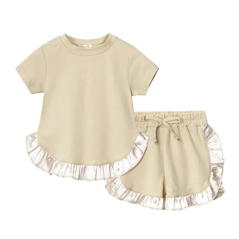 Children Kids Baby Fashion Girls Short Sleeve Casual Basic Solid Color Ruffle T-Shirt And Shorts 2pcs Set