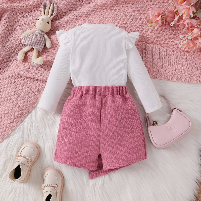 Kids Toddler Girls Fashion Casual Cute Solid Color Stripe Long Sleeve Round Neck T-Shirt Shorts Set